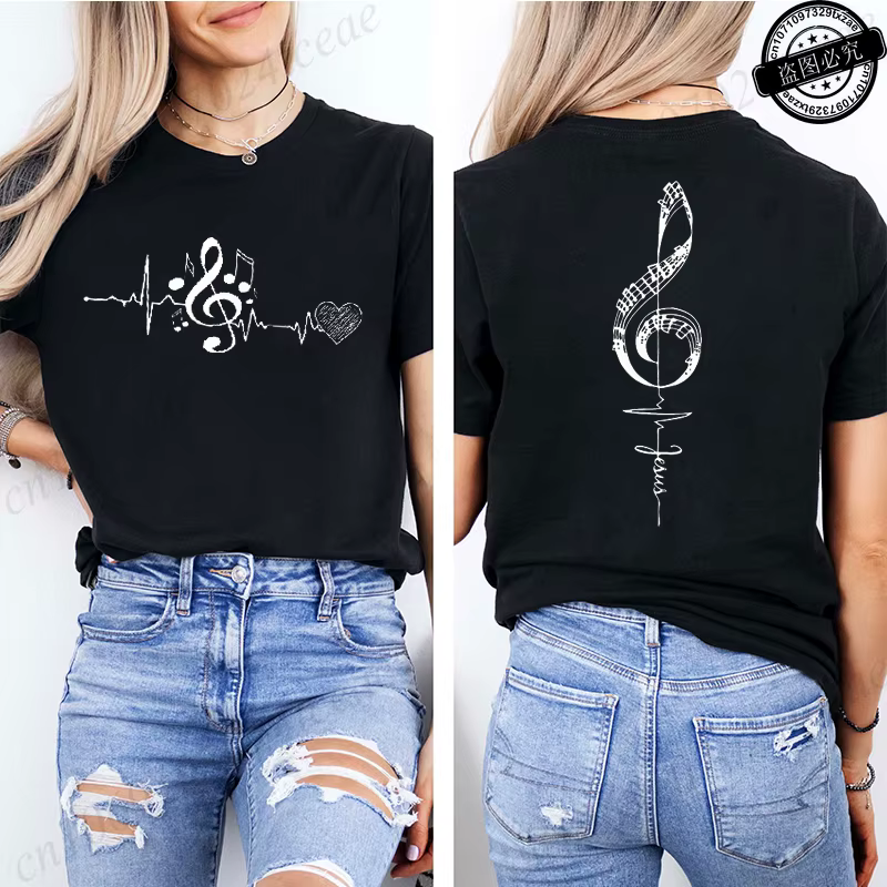 T-shirt imprimé avec notes musicales pour femmes, t-shirts graphiques avec motif de battement de cœu