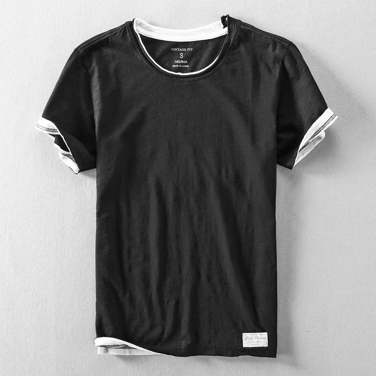 Faux deux T-shirts pour hommes rétro mode été coton couleur unie à manches courtes hauts mâle décont