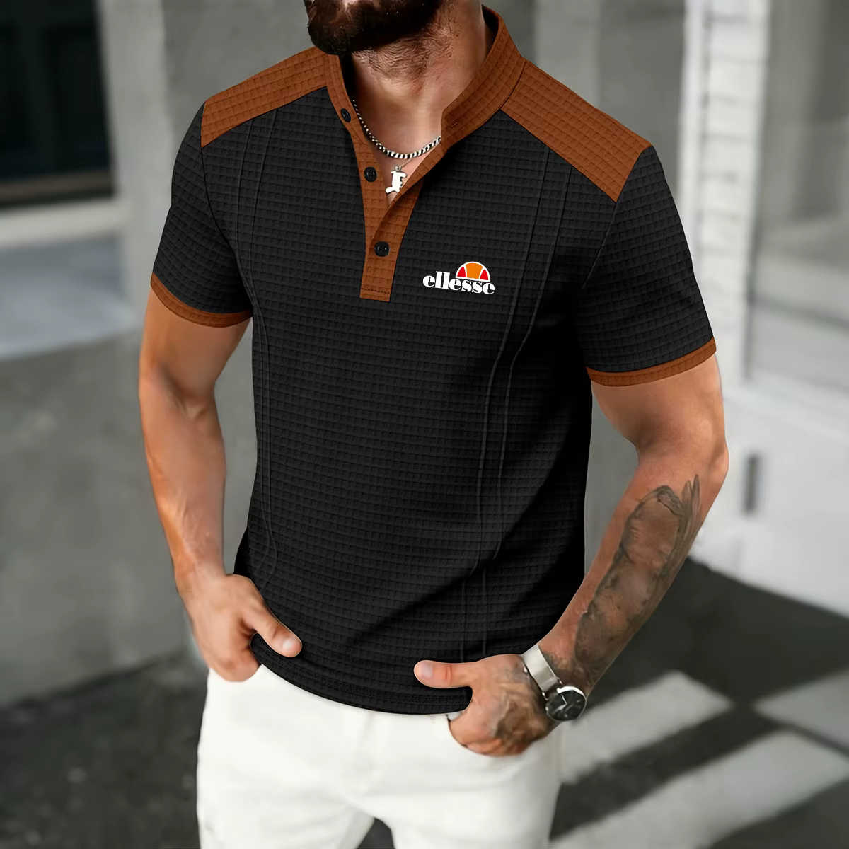 Polo Henley Premium pour Homme, Texture Gaufrée Douce pour la Peau, Design Color Block sur les Épaul