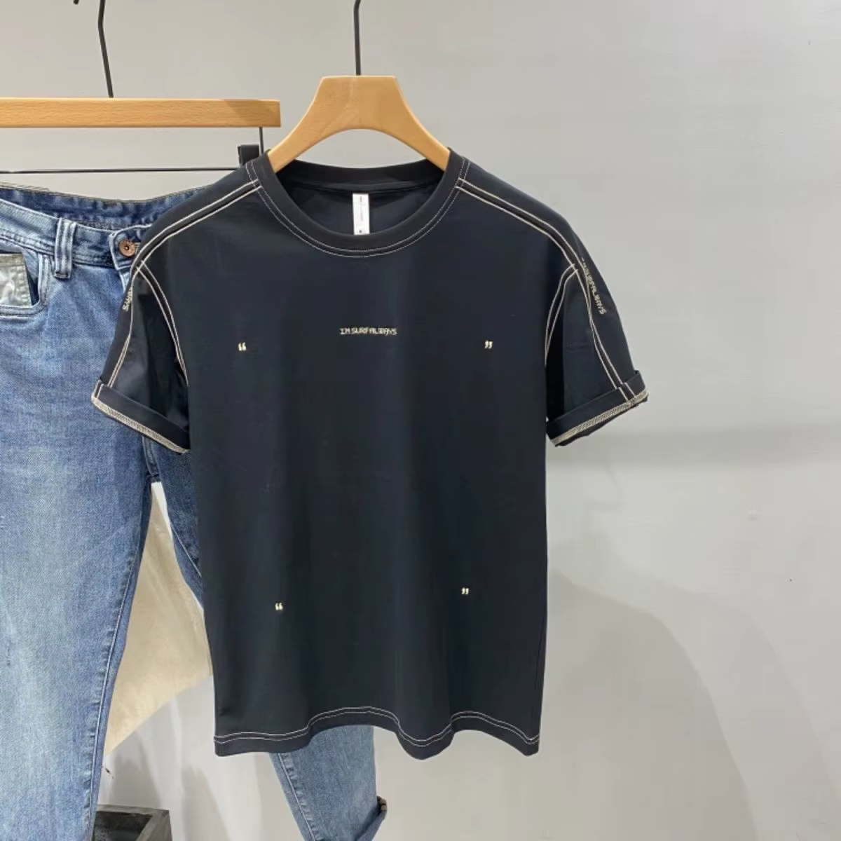 T-shirt à col rond brodé pour hommes, streetwear, vêtements de l'alphabet, haut décontracté, coupe c