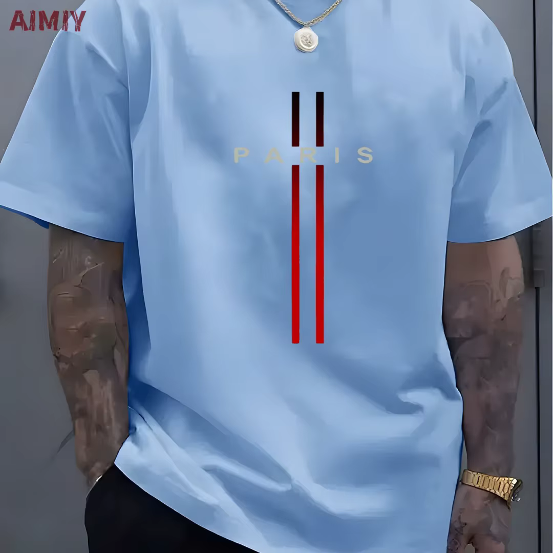 T-shirt à Manches Courtes et Col Rond pour Homme, Haut Décontracté, Imprimé de Lettres PARI, Été