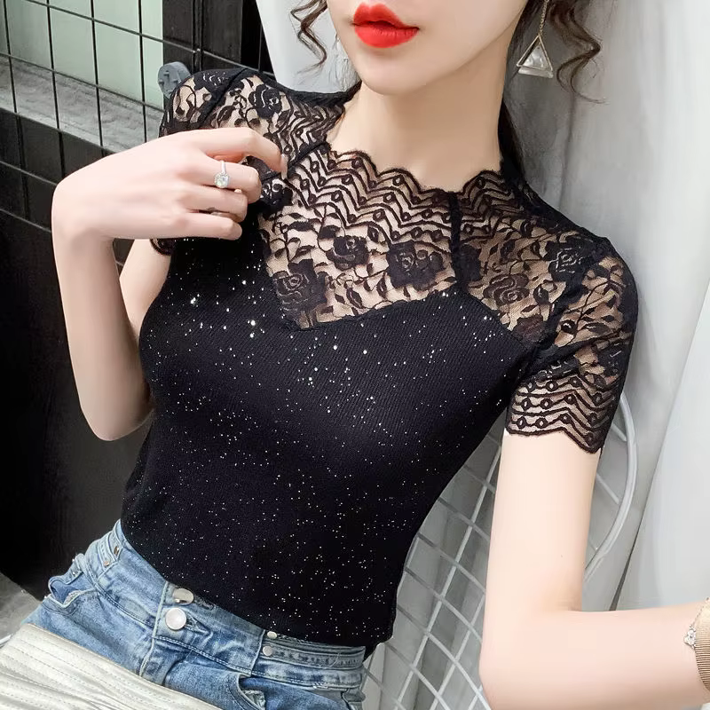 Été haut pour femme Patchwork soie brillante maille t-shirt Pathcwork manches courtes dentelle chemi