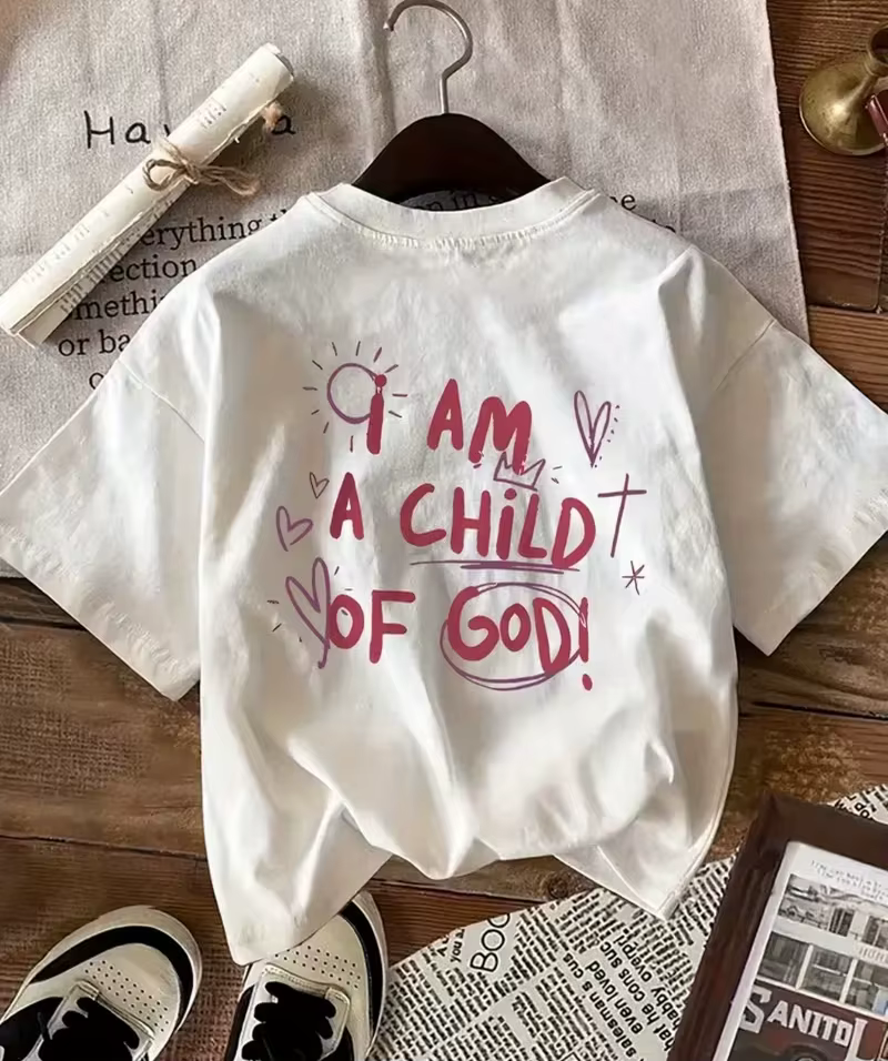 T-shirt imprimé « I am Child Of God » avec graphique chrétien manuscrit, hauts à manches courtes pou