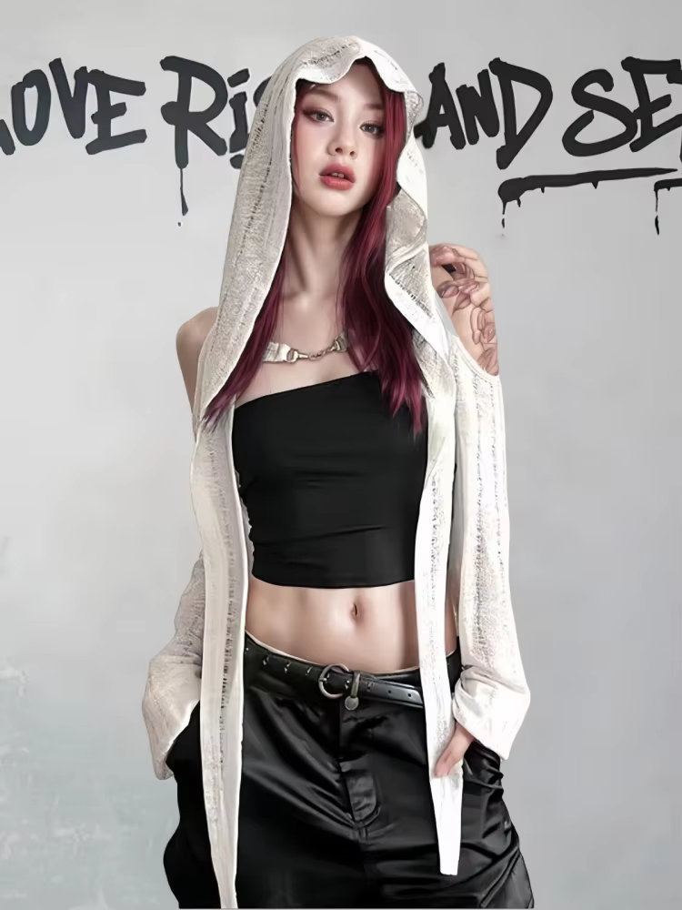 T-shirt à manches longues et épaules dénudées pour femmes, Streetwear d'été, hauts courts, Punk Grun