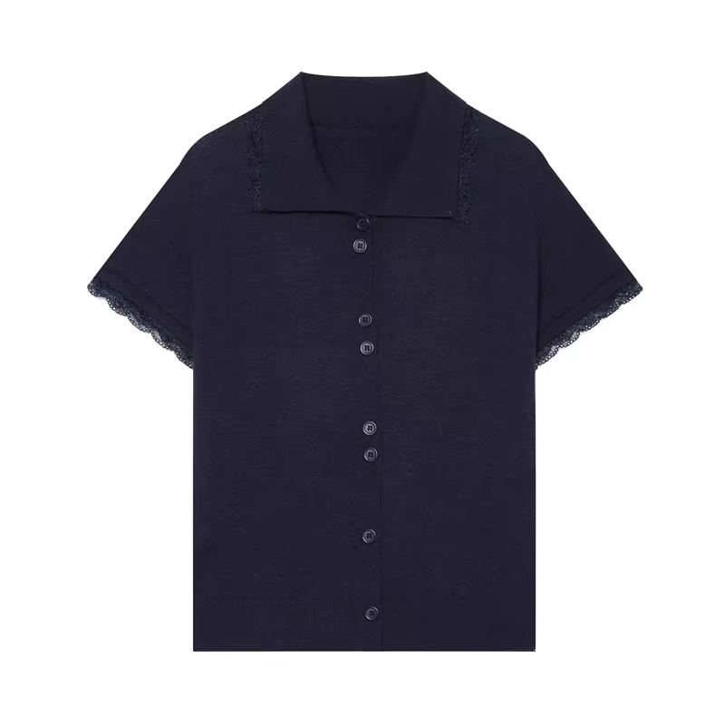 T-shirt pour femmes, nouveau haut cardigan à manches courtes avec bordure en dentelle contrastante,