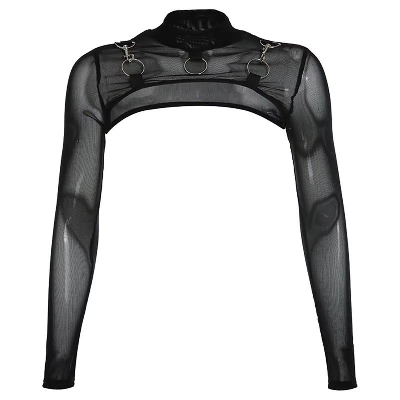 Col roulé à manches longues en maille transparente pour femmes, micro t-shirt court, hip hop, gothiq