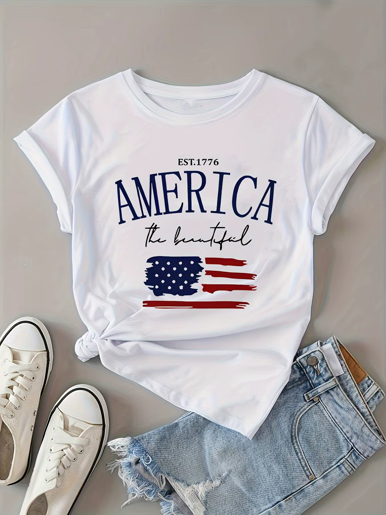 T-shirt imprimé Fostiendra c American Feel pour femme, col rond décontracté, manches courtes, extens