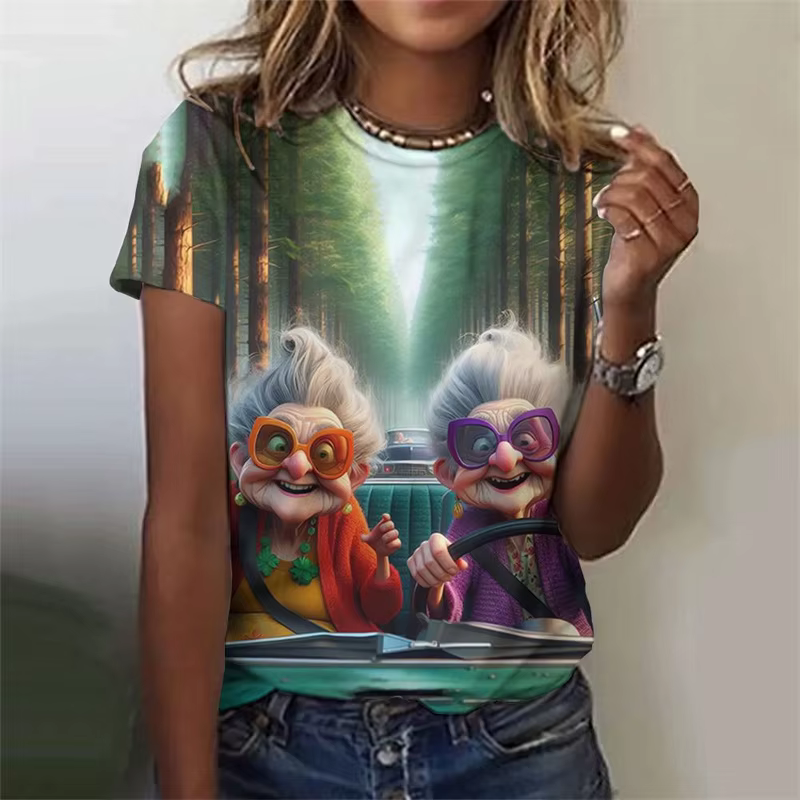 T-Shirt manches courtes col rond femme, ample, tendance, motif grand-mère, personnalité de dessin an