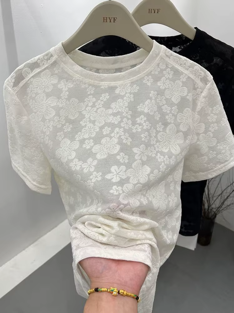T-shirt manches courtes femme, estival et décontracté, avec broderie de fleurs, en dentelle noire, c