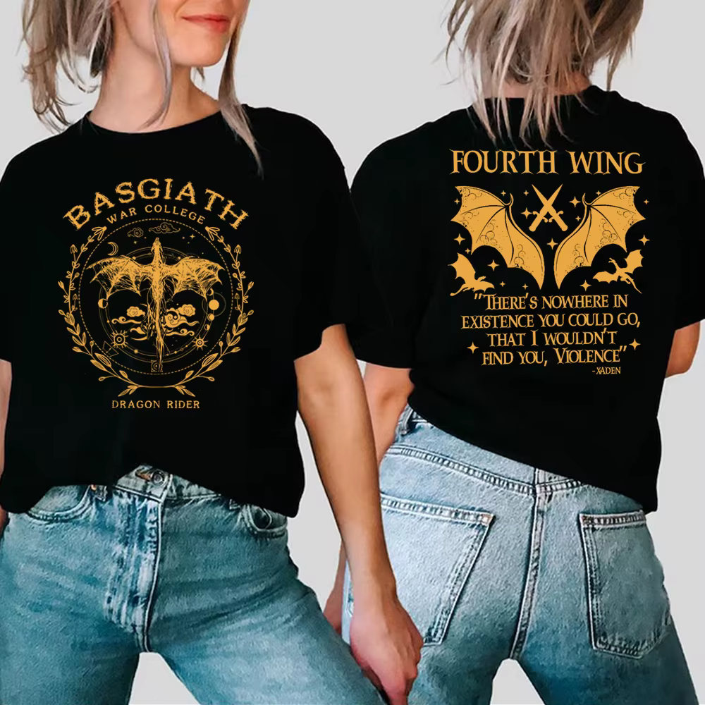 Basgiath War College T-Shirt imprimé sur 2 côtés Chemise à quatre ailes Dragon Rider Tee Violet Sorr