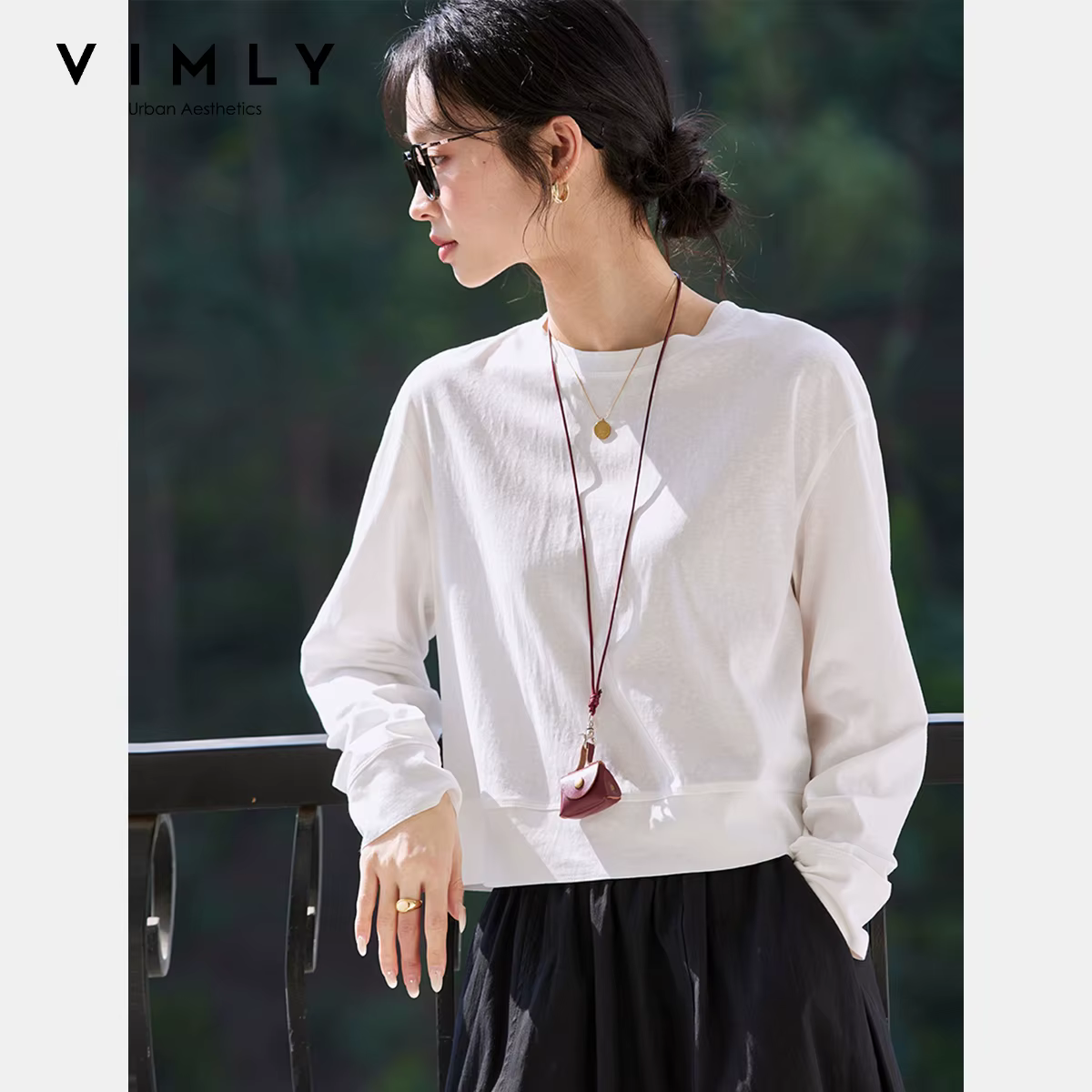T-shirt en coton blanc pour femme VIMLY, collection Printemps 2026, col rond, manches longues, coupe