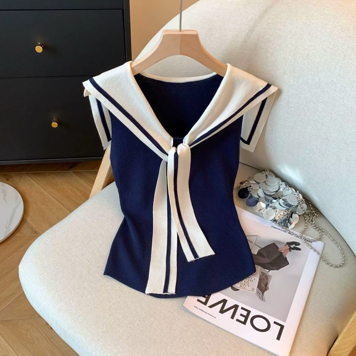 Débardeur tricoté fin contrasté pour femmes, col marin, col en v, sans manches, chemise amincissante