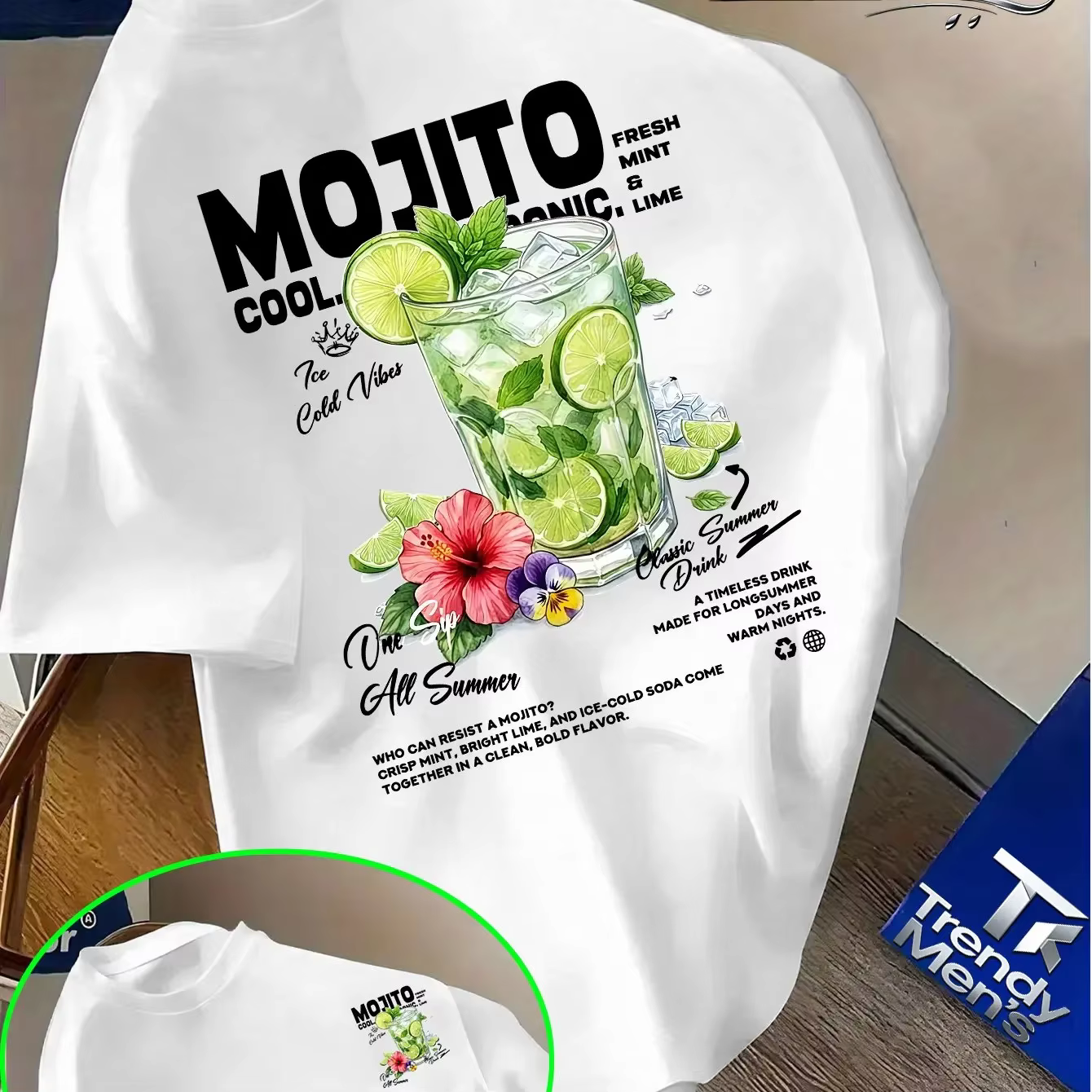 T-shirt pour homme en coton 100% avec imprimé de fleurs de citron vert Mojito, t-shirt décontracté d
