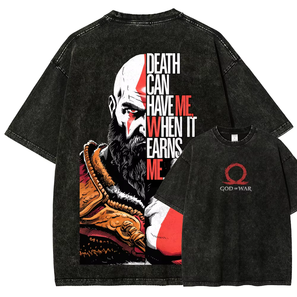 T-shirt délavé God of War, Nouveau modèle 2026, Vêtement de style affirmé, Toutes saisons, Mode rétr