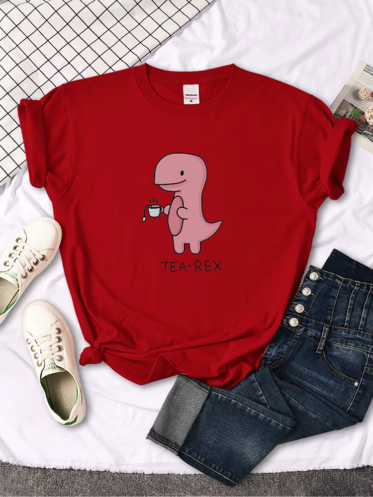 T-shirt imprimé Tea-Rex rose mignon pour femme, col rond, chemise surdimensionnée adt, Harajuku, tou