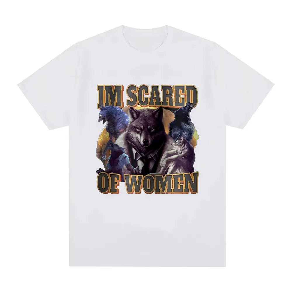 T-shirt « I'm Scared of Women Wolf Pack » pour femme, humoristique, avec motif de meme, style vintag