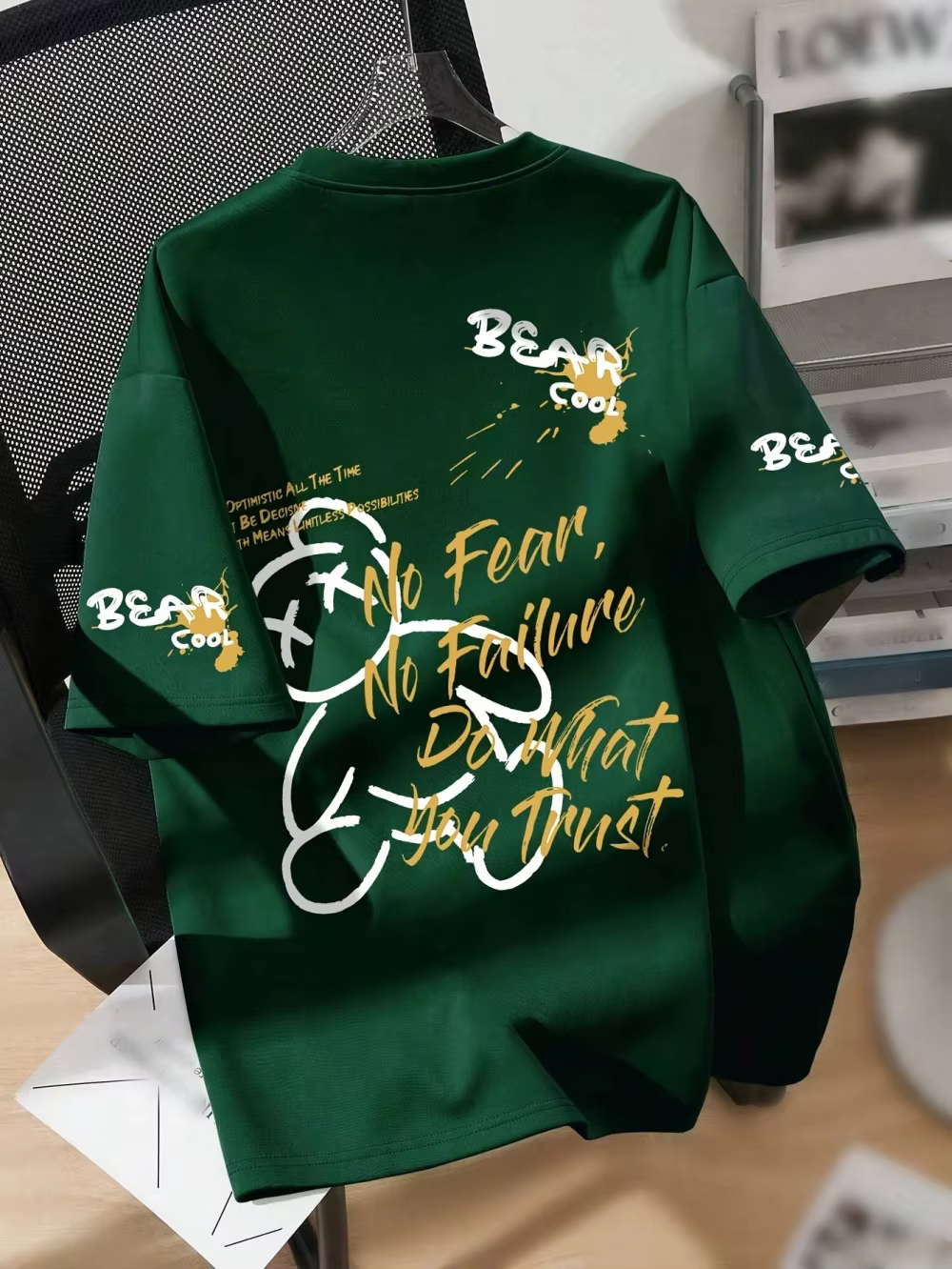 T-shirt d'été respirant à col rond pour hommes, avec motif imprimé d'ours de dessin animé, adapté au