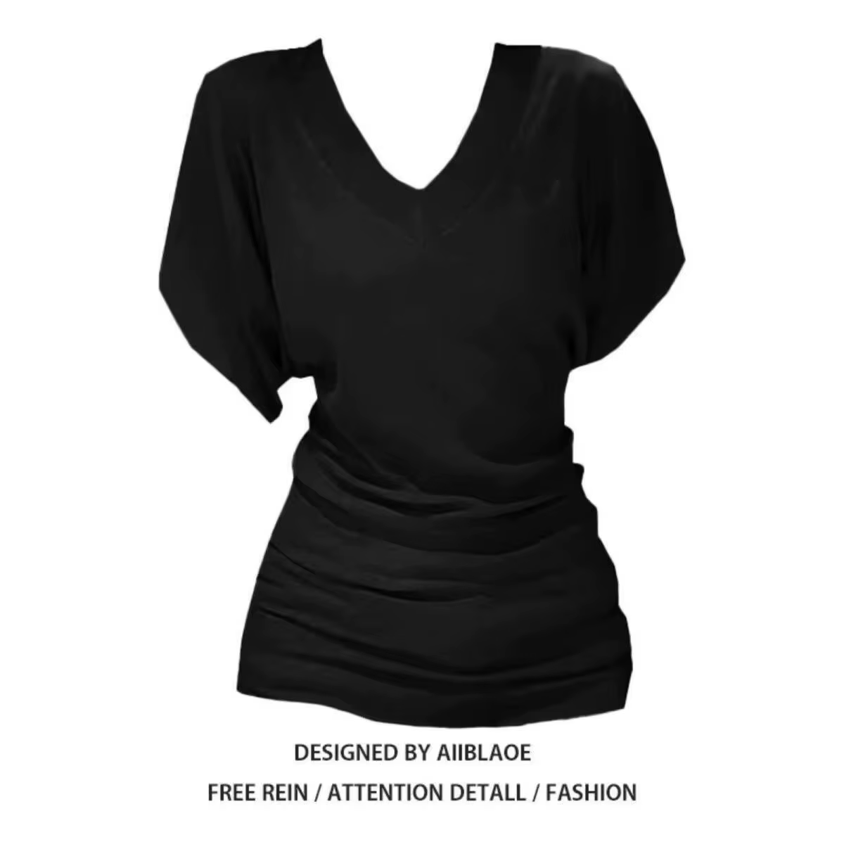 T-shirt décontracté chic à col en V profond et manches chauve-souris, taille froncée, pour femme, id