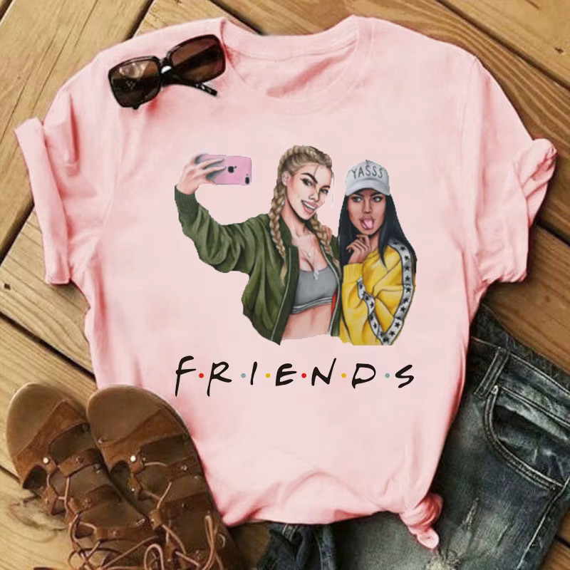 T-shirt à col rond imprimé dessin animé Good Friends pour femme, haut graphique, manches courtes, dé
