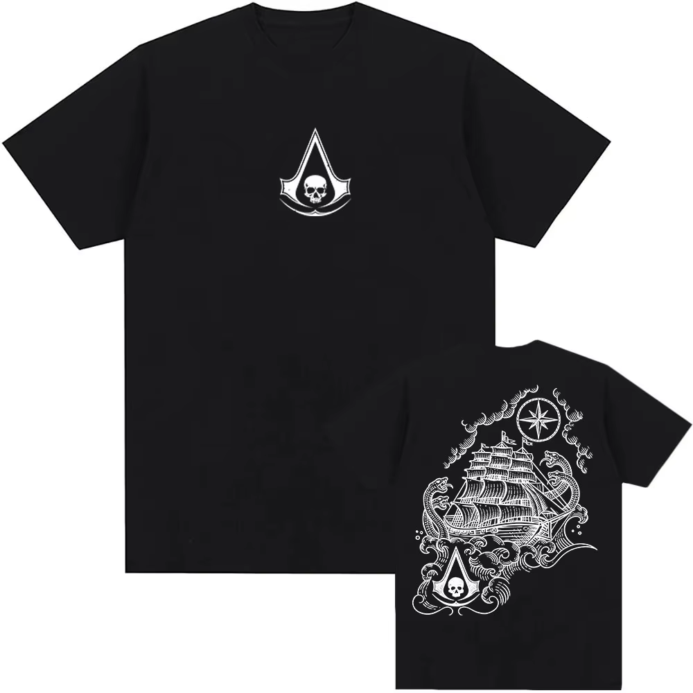 T-shirt Assassin's Creed Black Flag Resynced Map, unisexe, streetwear, décontracté, col rond, t-shir