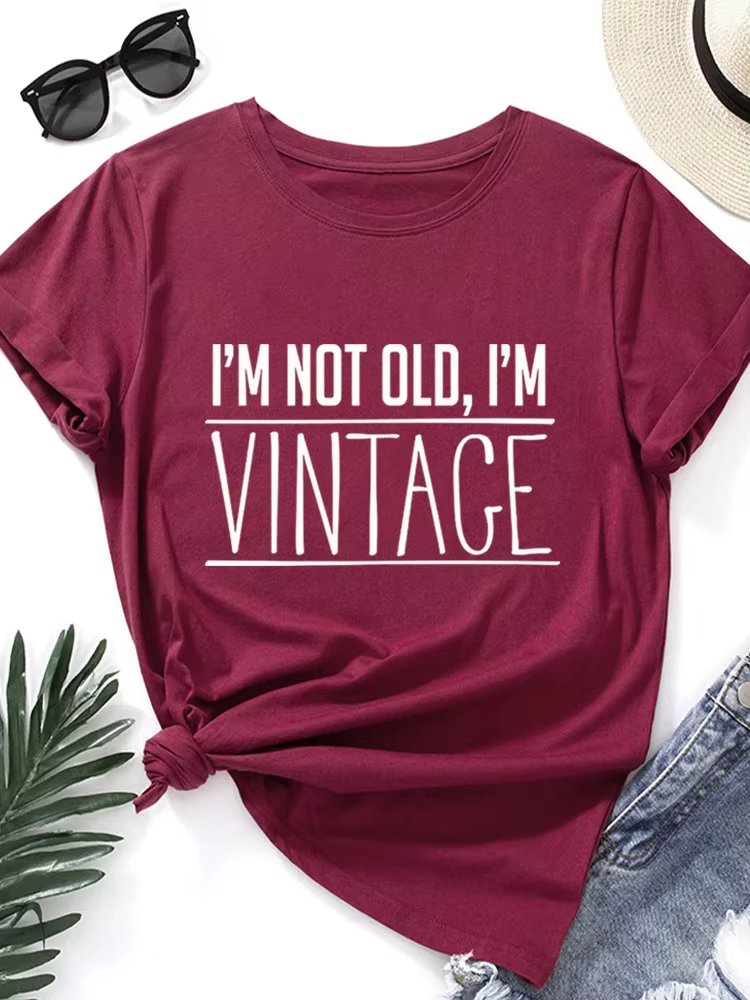 T-shirt manches courtes col rond femme, vintage, imprimé, je ne suis pas vieux, je suis