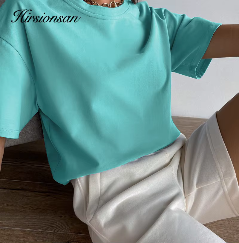 Hirsionsan – t-shirt basique en coton pour femmes, haut ample et résistant, décontracté, surdimensio