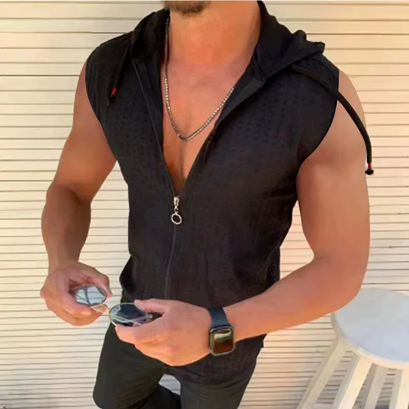T-shirt sans manches à capuche et fermeture éclair pour homme, nouvelle mode été 2026, motif écossai