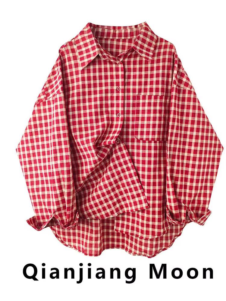 2025 Y2k automne femmes nouveau Vintage rouge Plaid col rabattu sur-chemise à manches longues Street