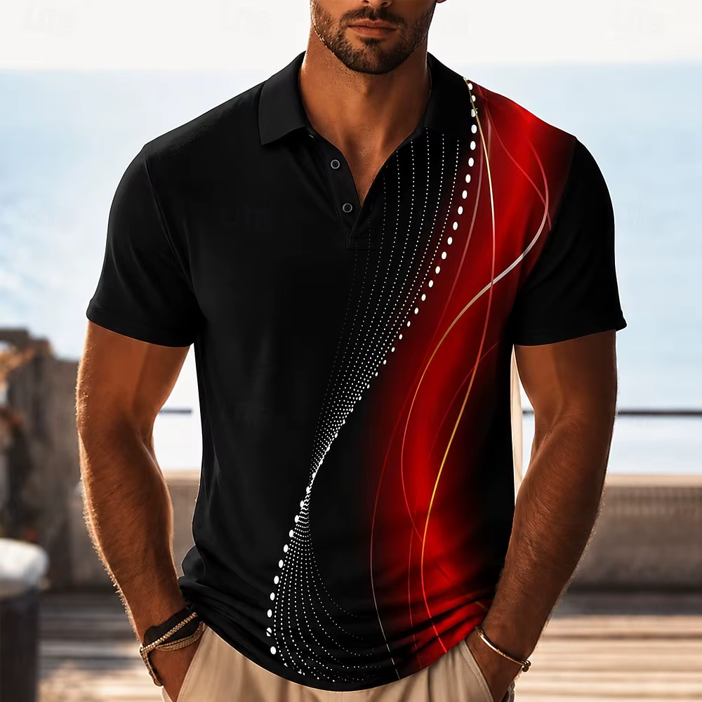 Polo pour homme noir et rouge à imprimé dégradé, hauts décontractés pour le printemps, l'été, le str