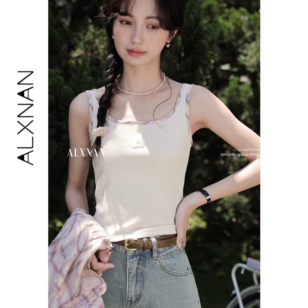 ALXNAN Débardeurs Femme Blanc Cassé Élégant Coupe Ajustée Camisole Été 2026 Décontracté Vacances Pla