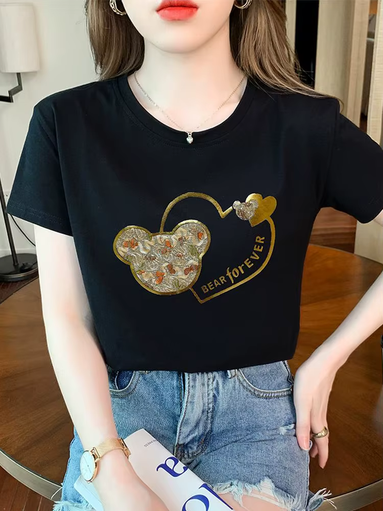 TuangBiang-T-shirt manches courtes col rond pour femme, estival et décontracté, en coton, violet, av