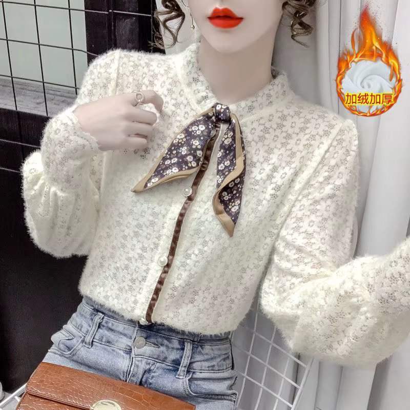 Chemise en velours pour femmes, automne hiver, écharpe à manches longues, collier, chemise en dentel