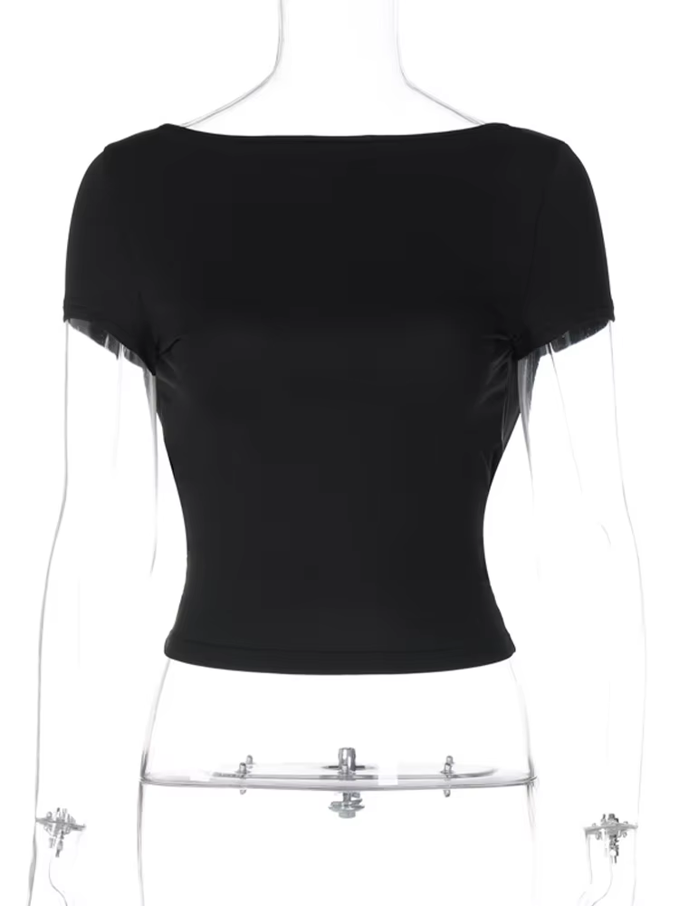 Haut court froncé à manches courtes et col rond pour femme, Streetwear Y2K, T-Shirt décontracté, dos