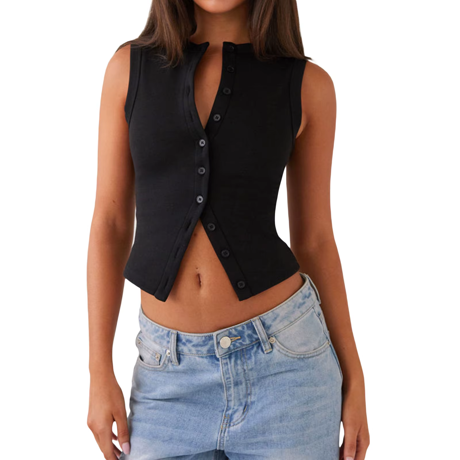 Hauts débardeurs boutonnés côtelés sans manches pour femmes, coupe courte, décontractés, ouverts sur