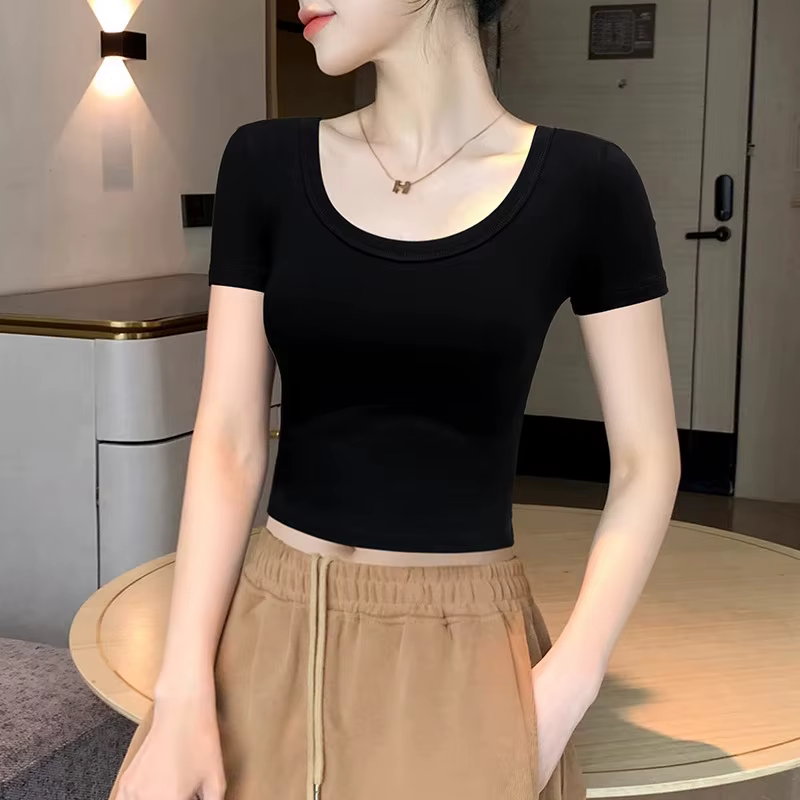 Crop top blanc pour femme, manches courtes, coupe ajustée, taille haute, t-shirt d'été tendance, noi