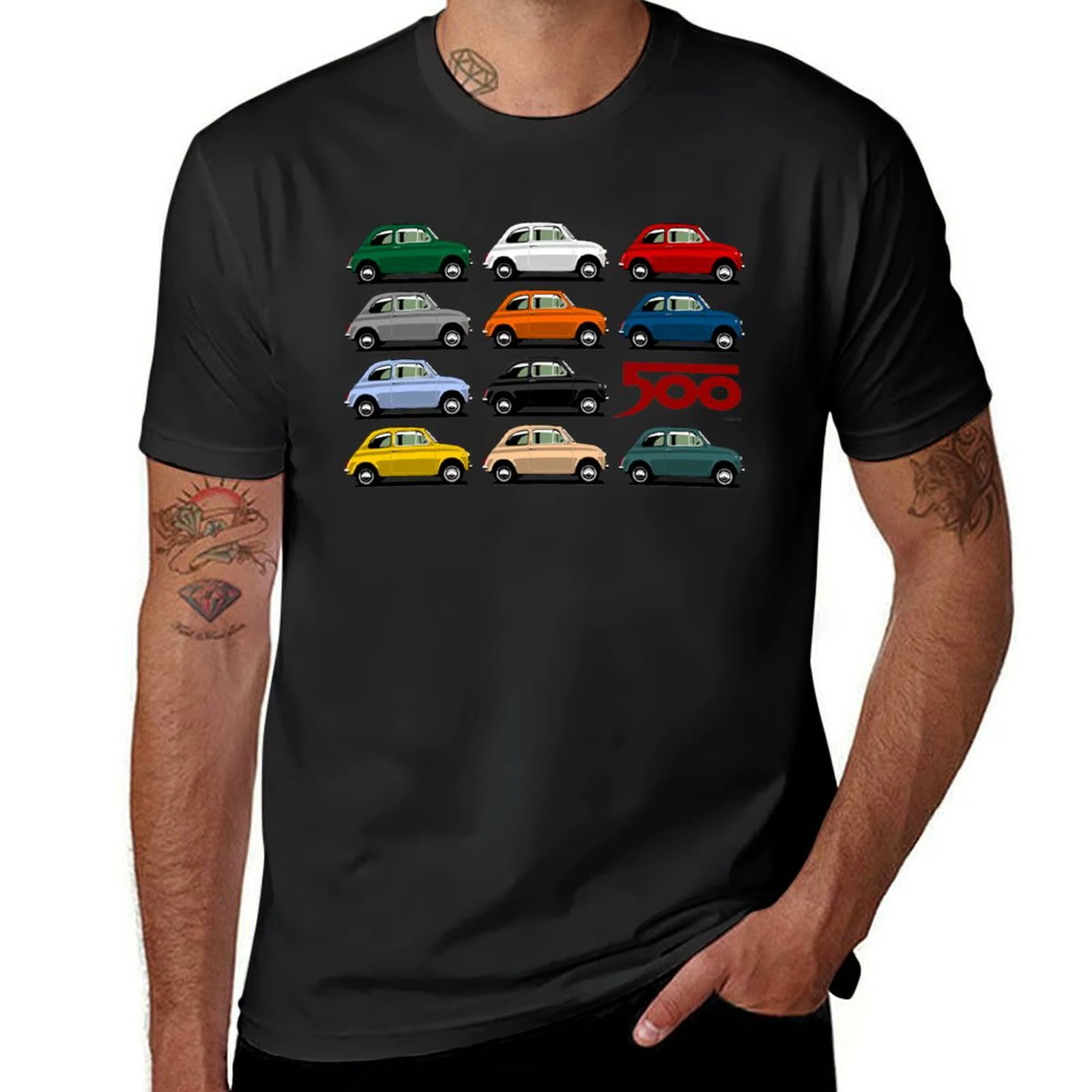 T-shirt Fiat 500 avec vue latérale pour homme, chemisier noir