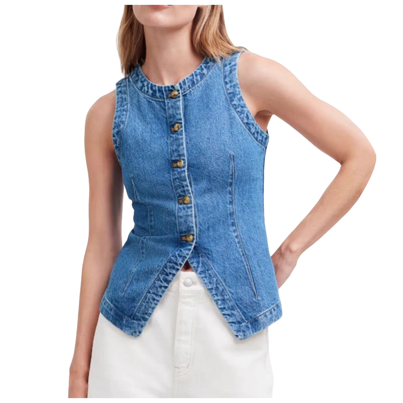 Gilet en jean pour femme, coupe ajustée, boutonné, sans manches, style Y2K vintage streetwear, idéal