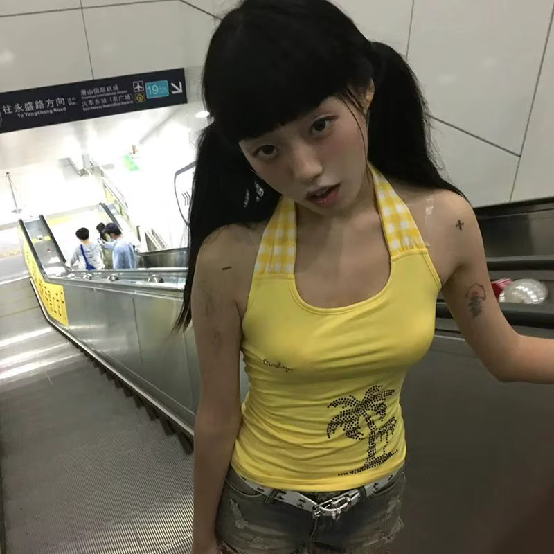 Genayooa Y2k japonais débardeurs à lacets imprimé graphique hauts Streetwear sans manches t-shirt fe