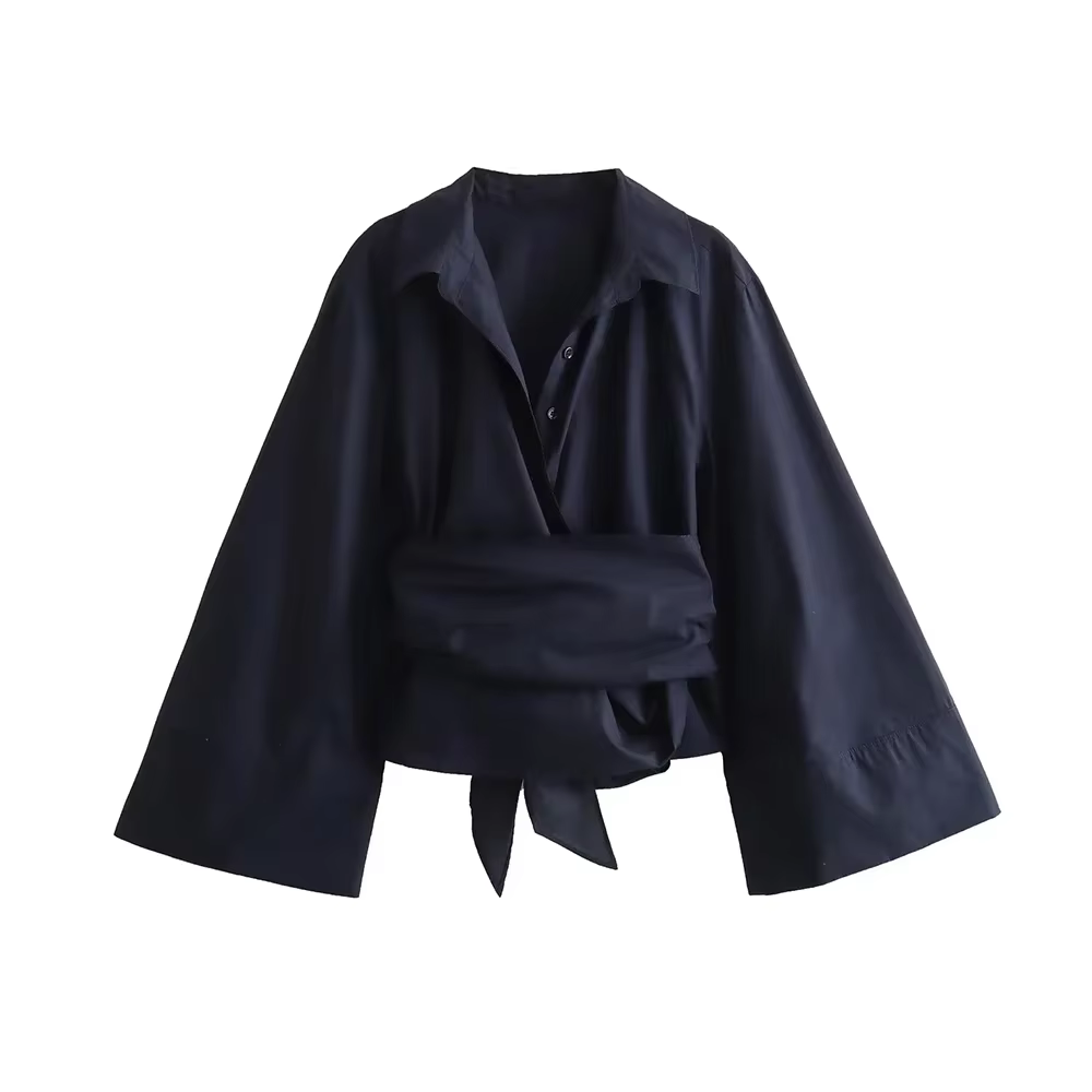 Chemisiers kimono à manches longues pour femmes avec nœud papillon, bouton avant, chemises féminines