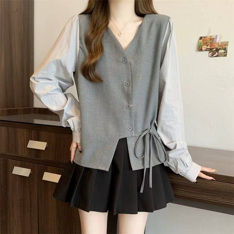 Chemise à nouer sur le devant pour femmes, faux haut à manches longues en deux pièces flatteur