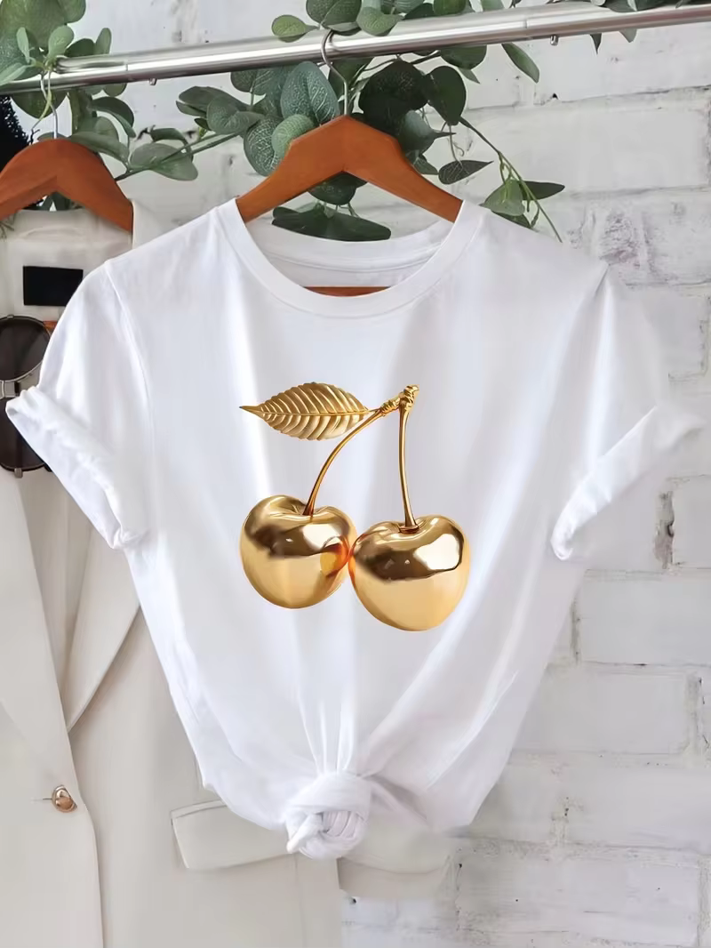 T-shirt imprimé motif cerise doré brillant pour hommes et femmes, streetwear décontracté, coupe ampl