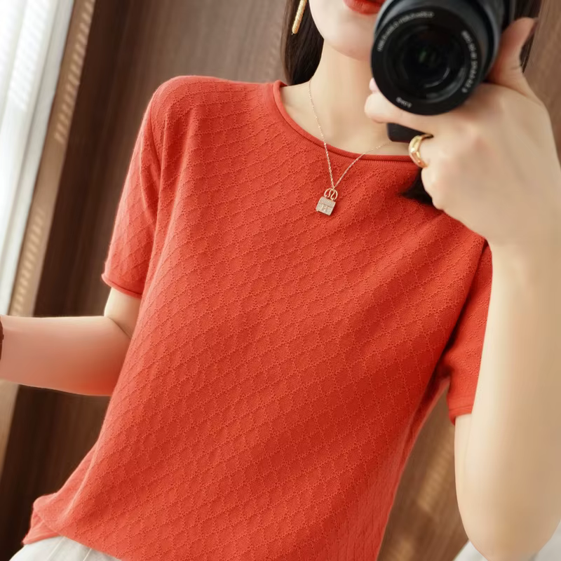 T-shirt femme printemps/été 100% coton pull à manches courtes décontracté roulé col rond dames hauts