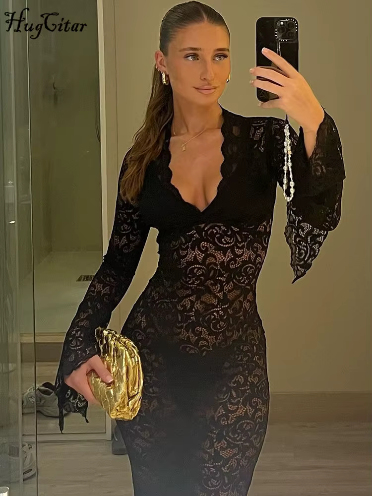 Hugcitar maille imprimé fleuri col en V manches longues évasées Sexy voir à travers Maxi robe printe