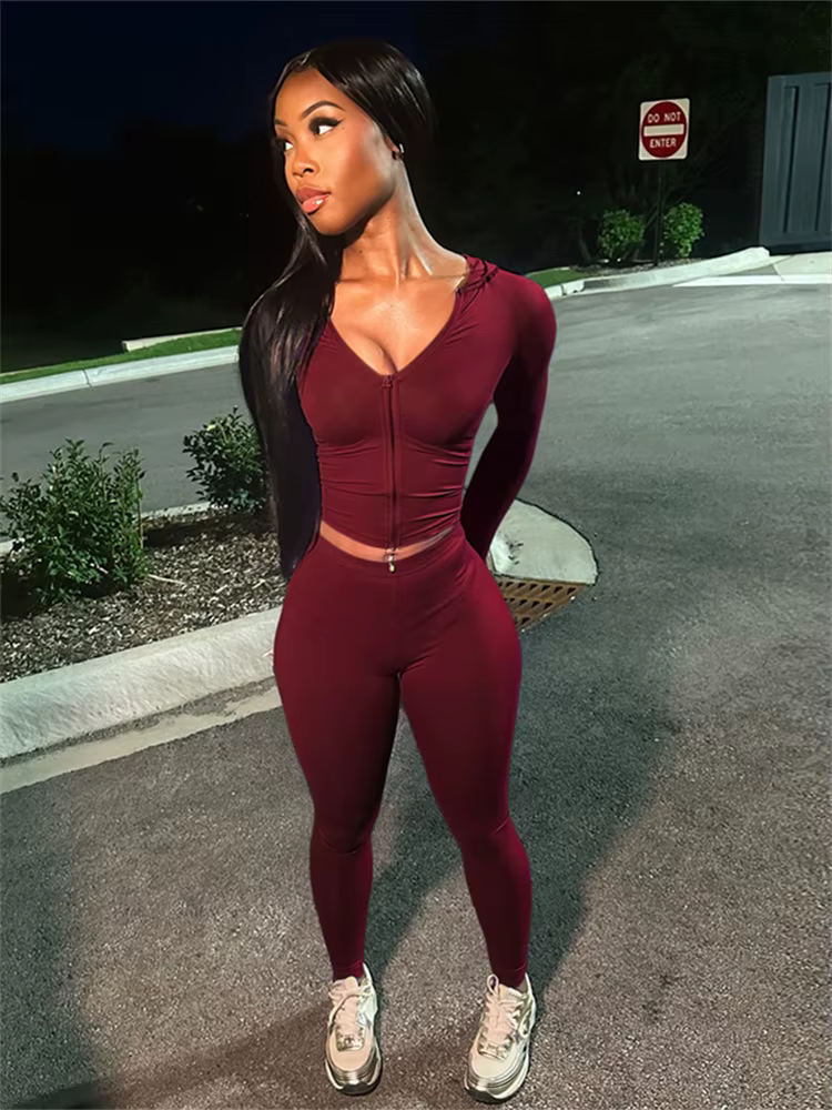 Nibber Sportif Casual 2 Pièce Ensemble Femmes Survêtement À Capuchon Zip Crop Tops + Leggings Fitnes