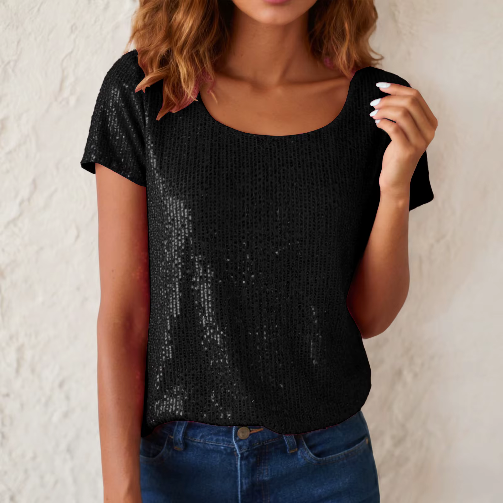 T-shirt à paillettes brillantes pour femmes, col rond, manches courtes, court, Slim Fit, vêtements s