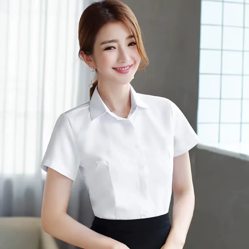 Chemise blanche à manches courtes pour femmes, coupe cintrée, mode professionnelle, vêtements de tra