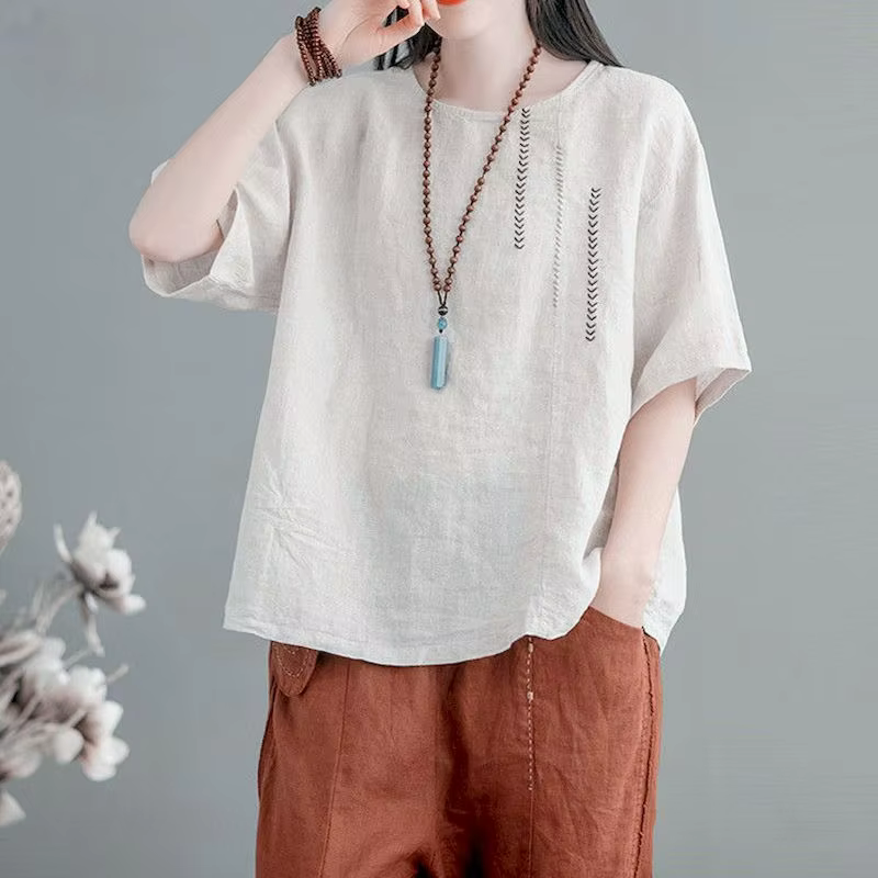 T-shirt manches courtes femme, décontracté et respirant, en coton et lin, avec broderie, vintage, te