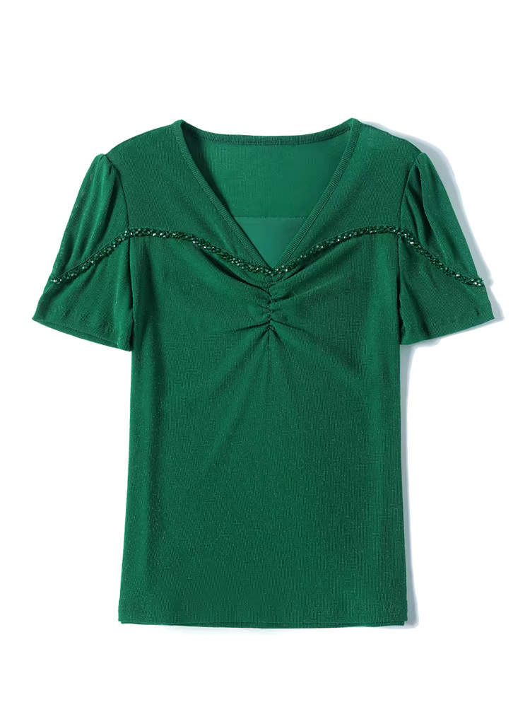 T-shirt manches courtes col en V pour femme, estival et fin, avec perles et plis de boutons