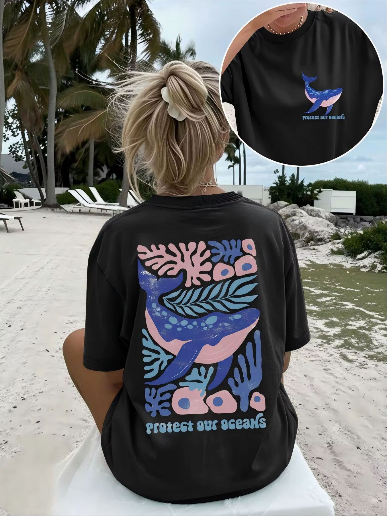 T-shirt esthétique à motif de baleine bleue, imprimé corail, style rétro Harajuku, streetwear, manch