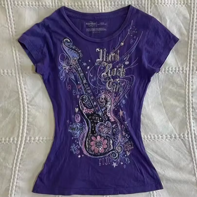 Femmes sous-culture Vintage violet imprimé T-Shirt été Y2k américain rétro mince t-shirts décontract